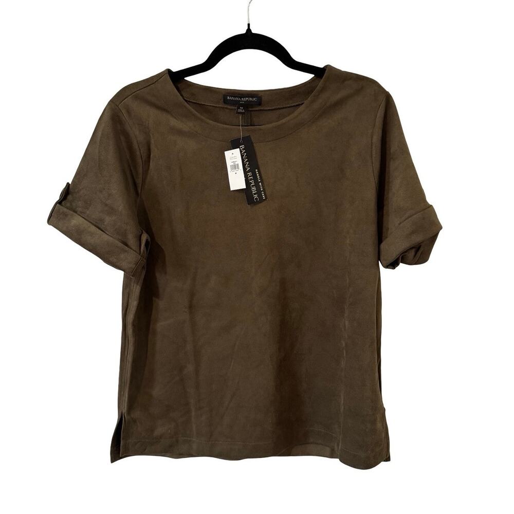 Banana Republic Top Bundle M Olive Faux Suede Tee NWT & Tan Blouse - Picture 2 of 9